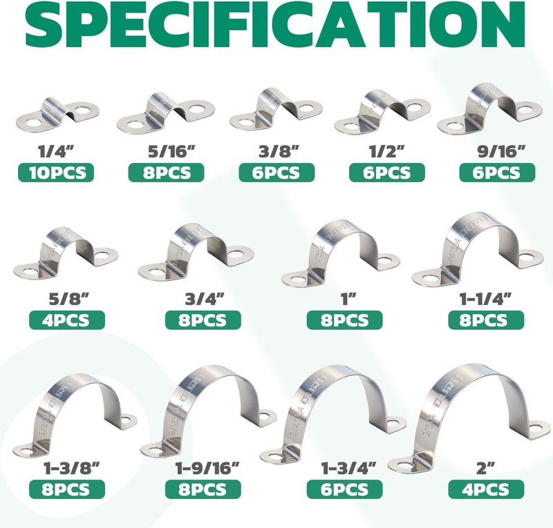 ORU 90pcs Conduit Clamp Assortment Kit 304 Stainless Steel, 16 Sizes (1/4"-4") Rigid Metal Pipe Clamp U Bracket, 2 Holes Pipe Strap for Automotive, Wire & Tube - Image 2